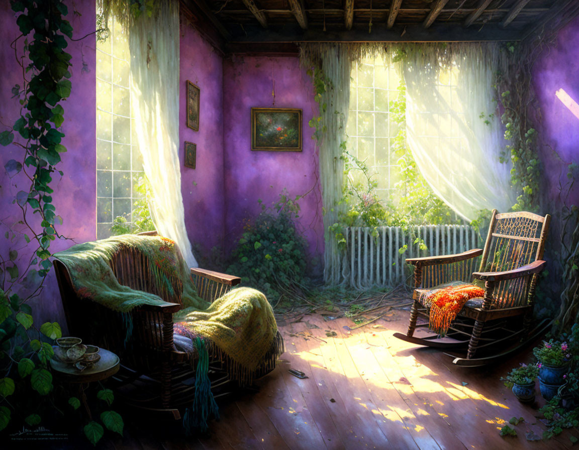 Sunlit Purple Walls and Rocking Chairs in Cozy Room