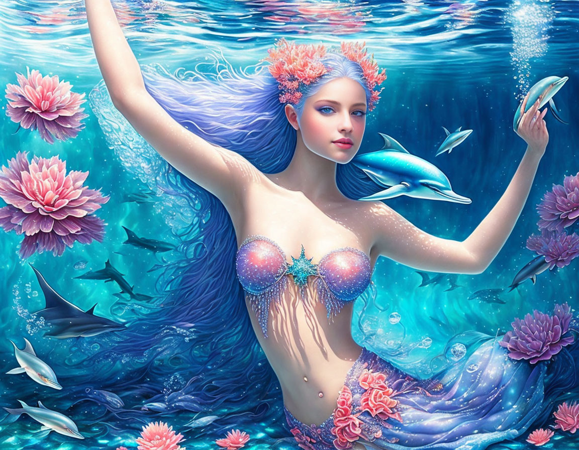 Mermaid with flowing hair among water lilies, fish, and bubbles