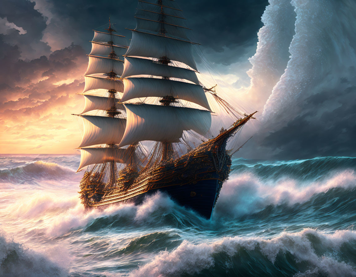 Majestic sailing ship in stormy ocean waves