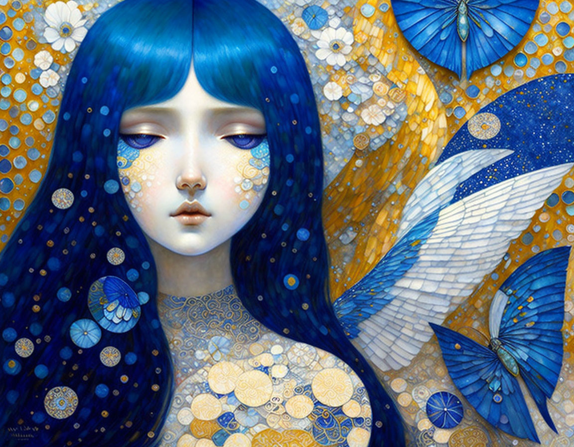 Surreal female figure with blue hair, flowers, butterflies, and golden accents