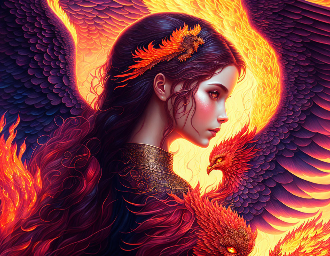 Fantasy illustration of a woman with fiery phoenix wings and ornate headpiece