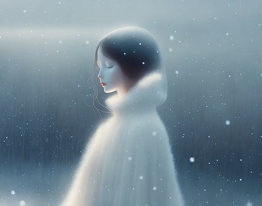 Tranquil illustration of woman in white cloak in gentle snowfall