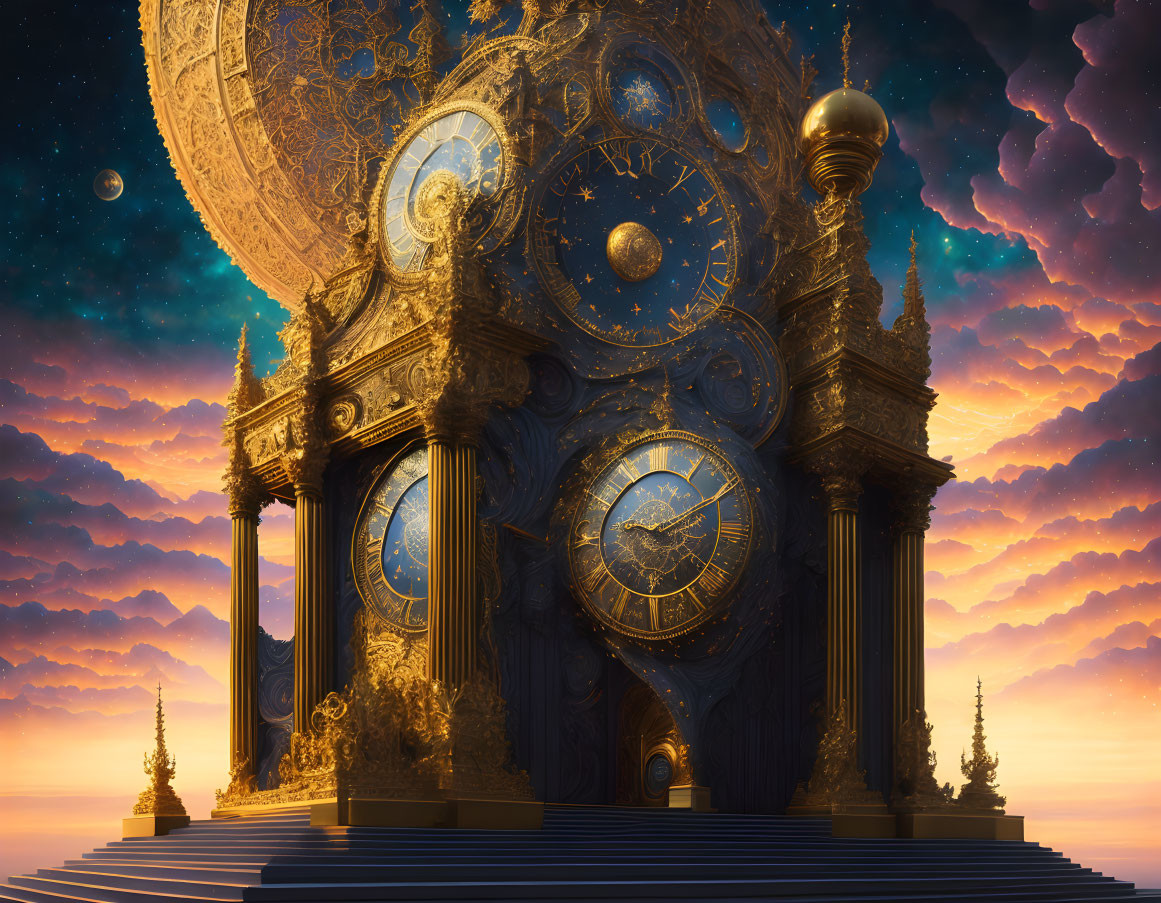 Astronomical Clock Tower with Golden Celestial Design at Twilight