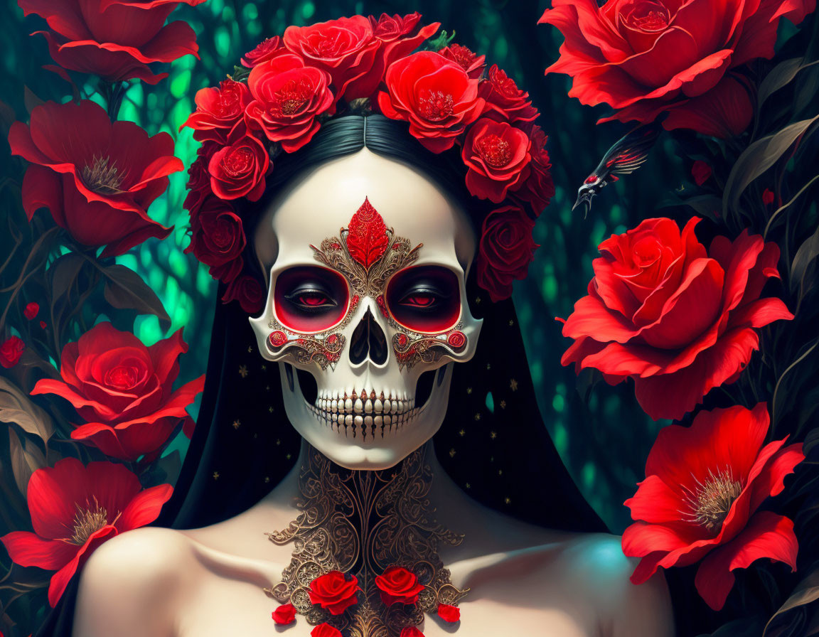 Skeleton with face paint and rose crown in mystical digital art