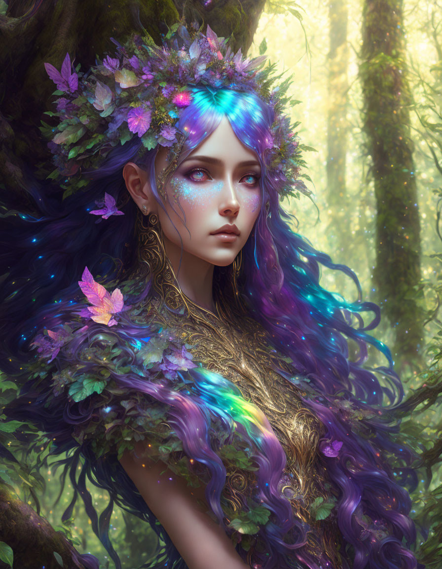 Portrait of woman with blue and purple hair in enchanted forest.