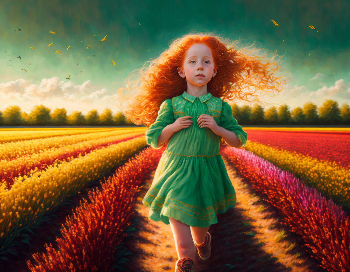 Young girl with red hair in colorful flower fields at sunset with flying birds