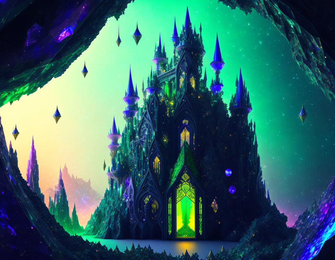 Glowing castle with spires in neon-lit landscape under starry sky