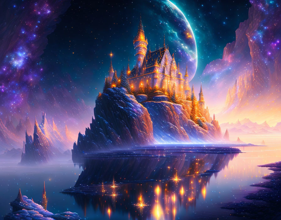 Fantastical castle on island under starry sky with crescent moon, luminous water, and