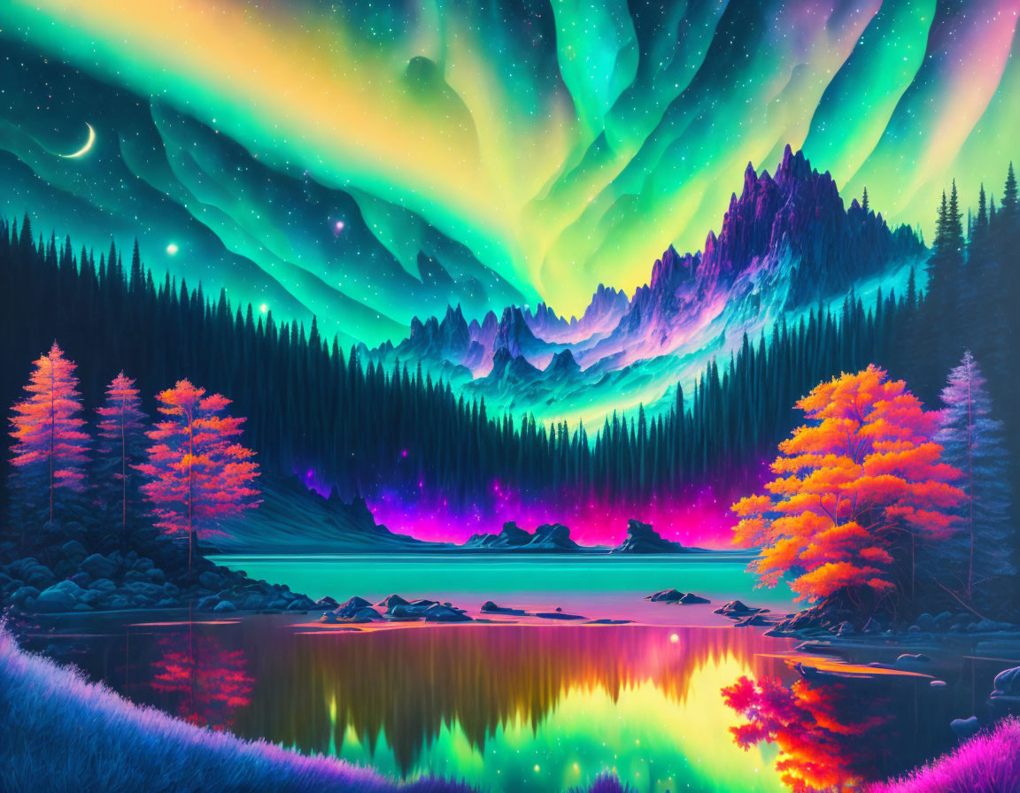 Night scene digital artwork: aurora borealis above mountain forest & lake