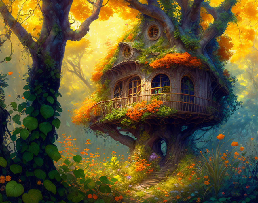 Enchanted forest treehouse with vibrant flowers & warm light