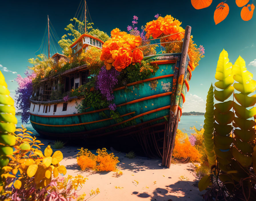 Colorful flowers adorn old boat on shore under blue sky