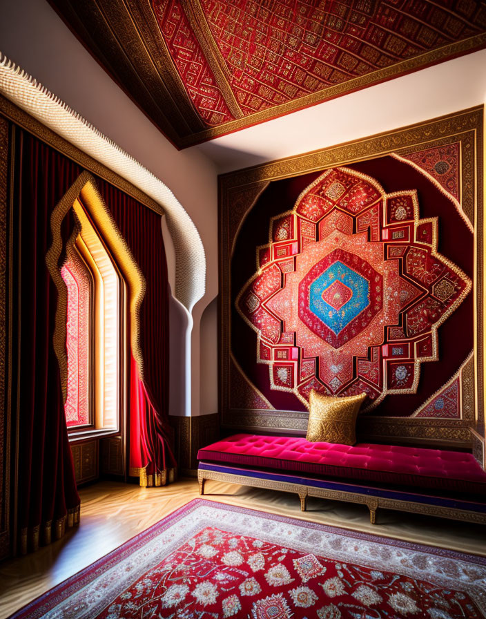 Luxurious Arabic-themed room with red and gold patterns, plush couch, ornate windows, and textured