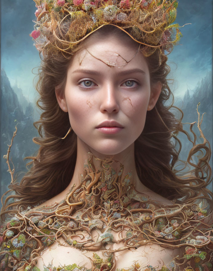 Intricate vine-like adornments on woman with ornate crown in misty mountainous backdrop