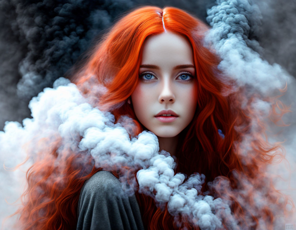 Vibrant red hair and piercing blue eyes in swirling white smoke