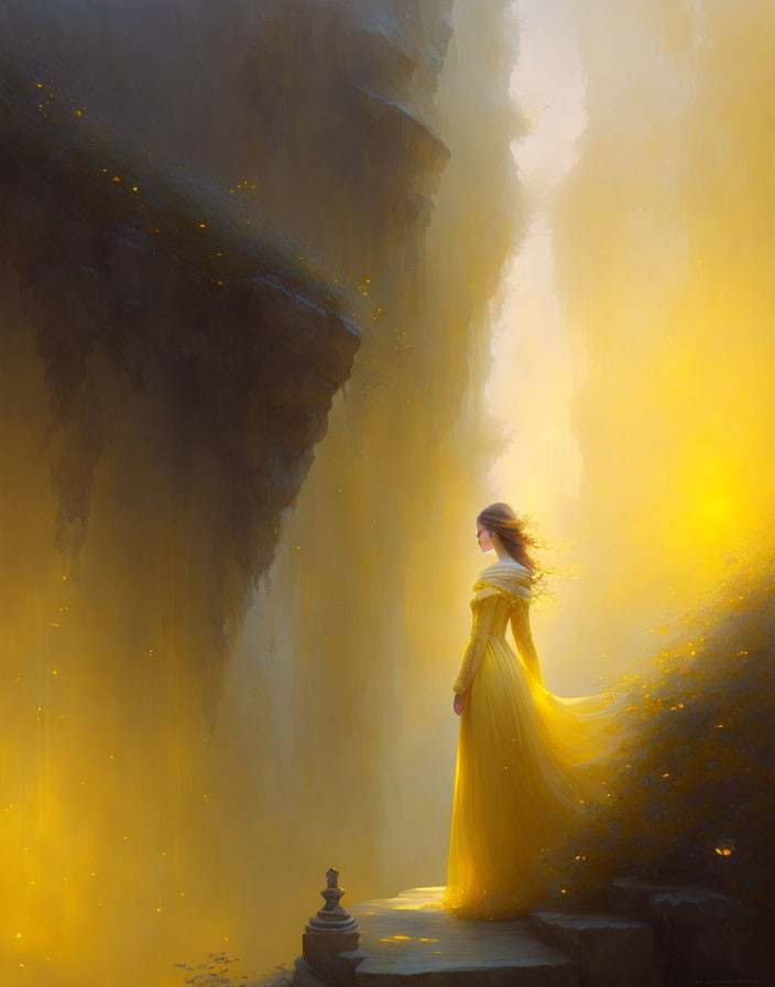 Woman in flowing yellow dress on cliff edge in mystical landscape