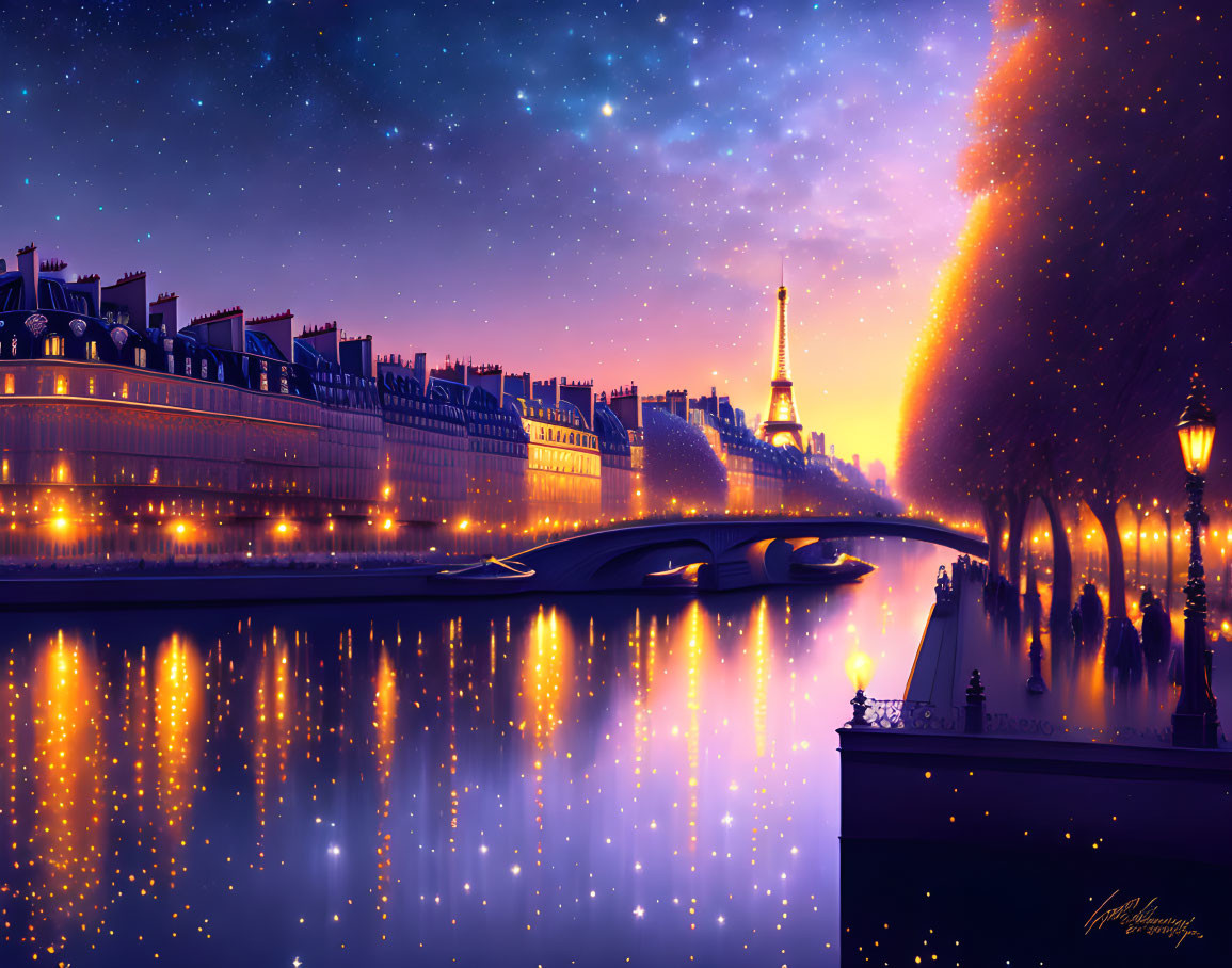 Paris Artwork: Eiffel Tower, Starry Sky, Fiery Nebula, Seine