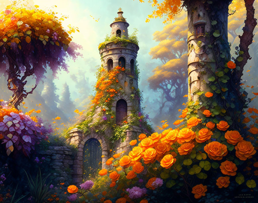 Fantasy landscape with ancient tower, vibrant foliage, orange roses, and colossal trees