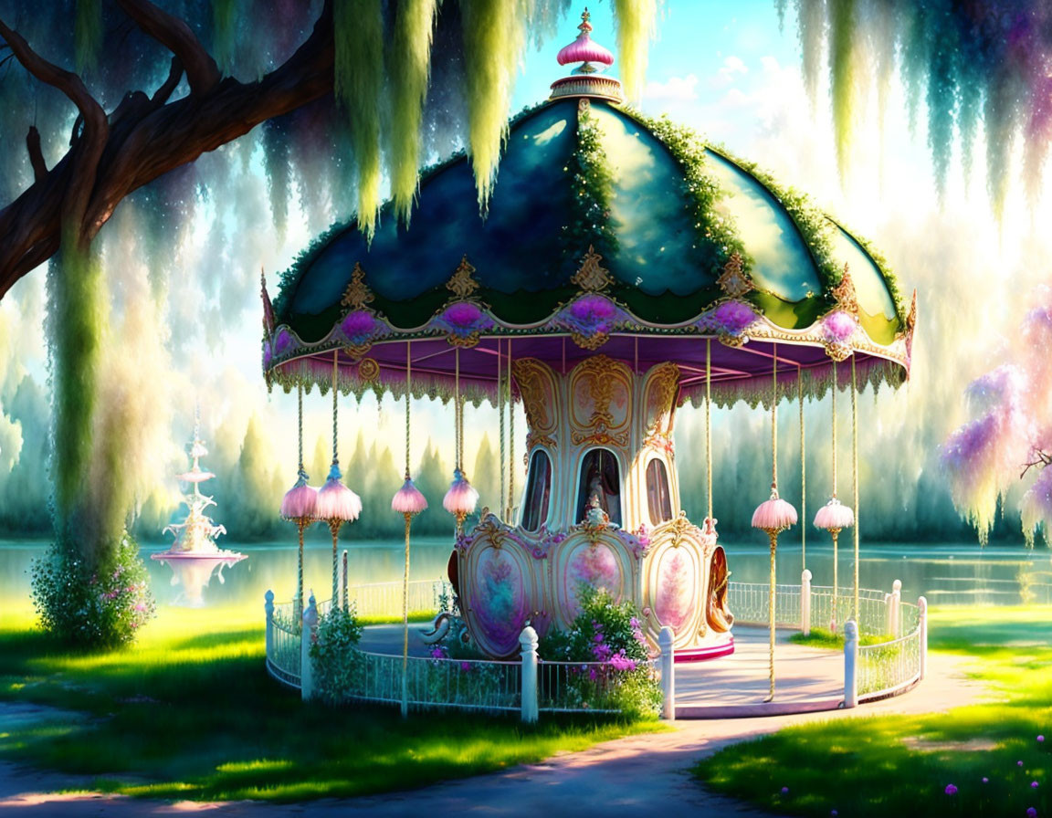 Enchanted carousel in magical forest with hanging lanterns