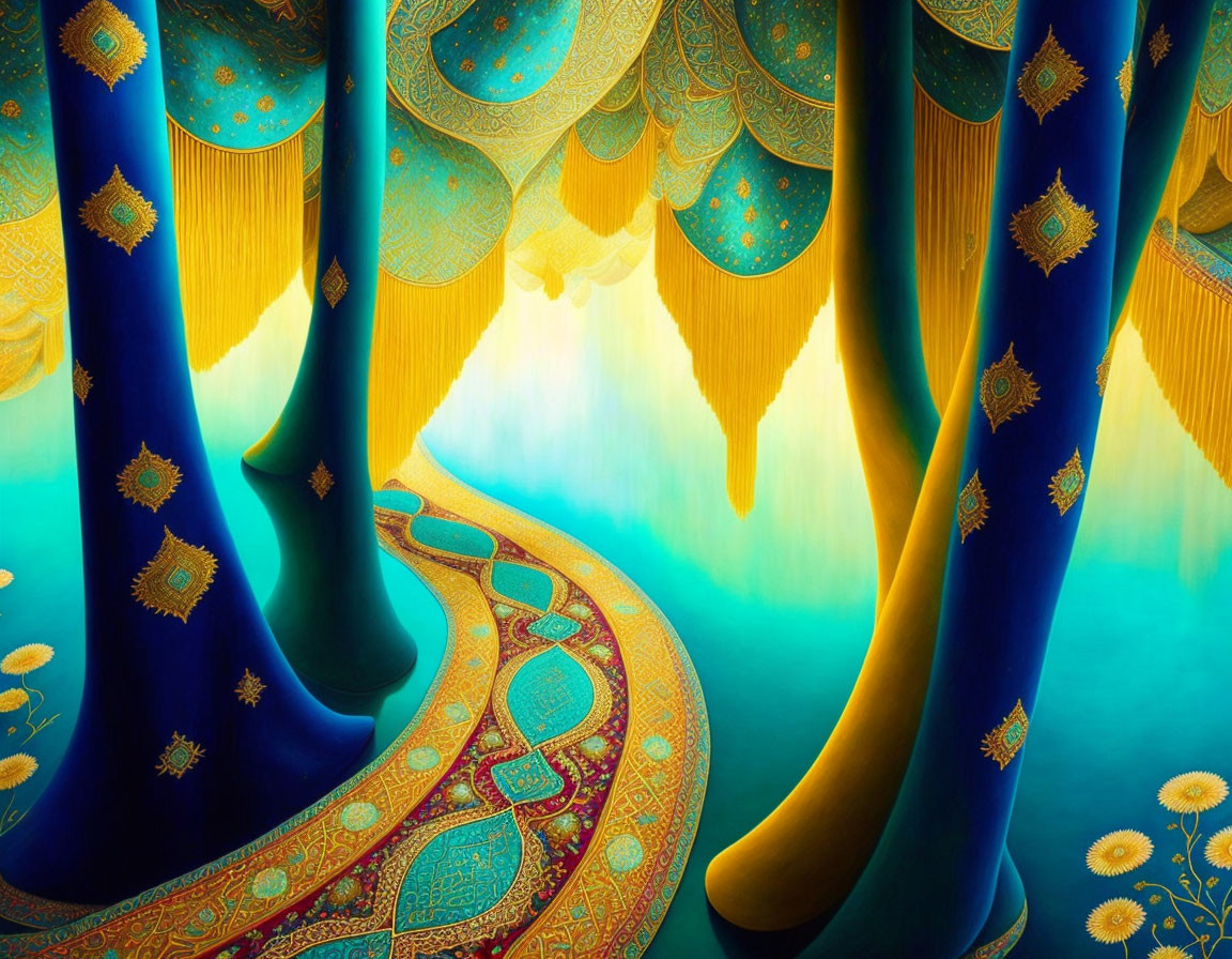 Surreal illustration of golden trees with blue trunks and peacock feather-like canopies