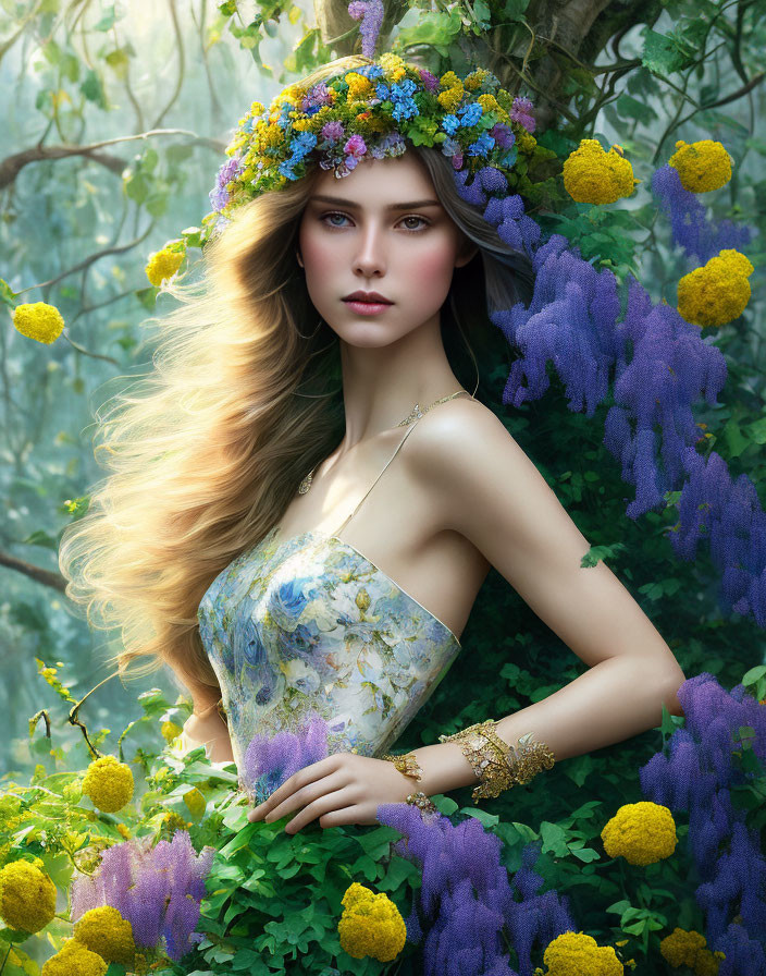 Blonde woman in floral crown with wisteria and marigolds