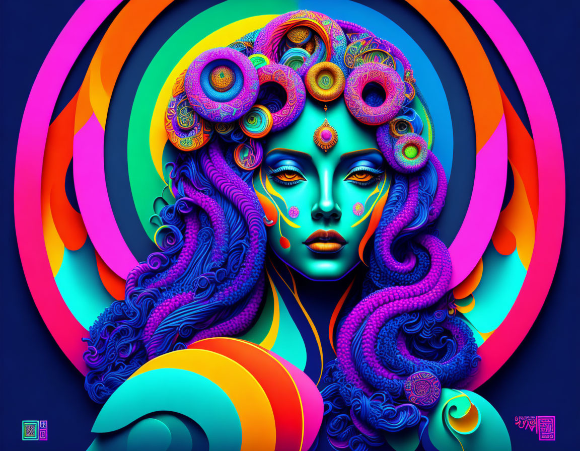 Colorful digital artwork of a woman with intricate patterns in her hair against neon rings