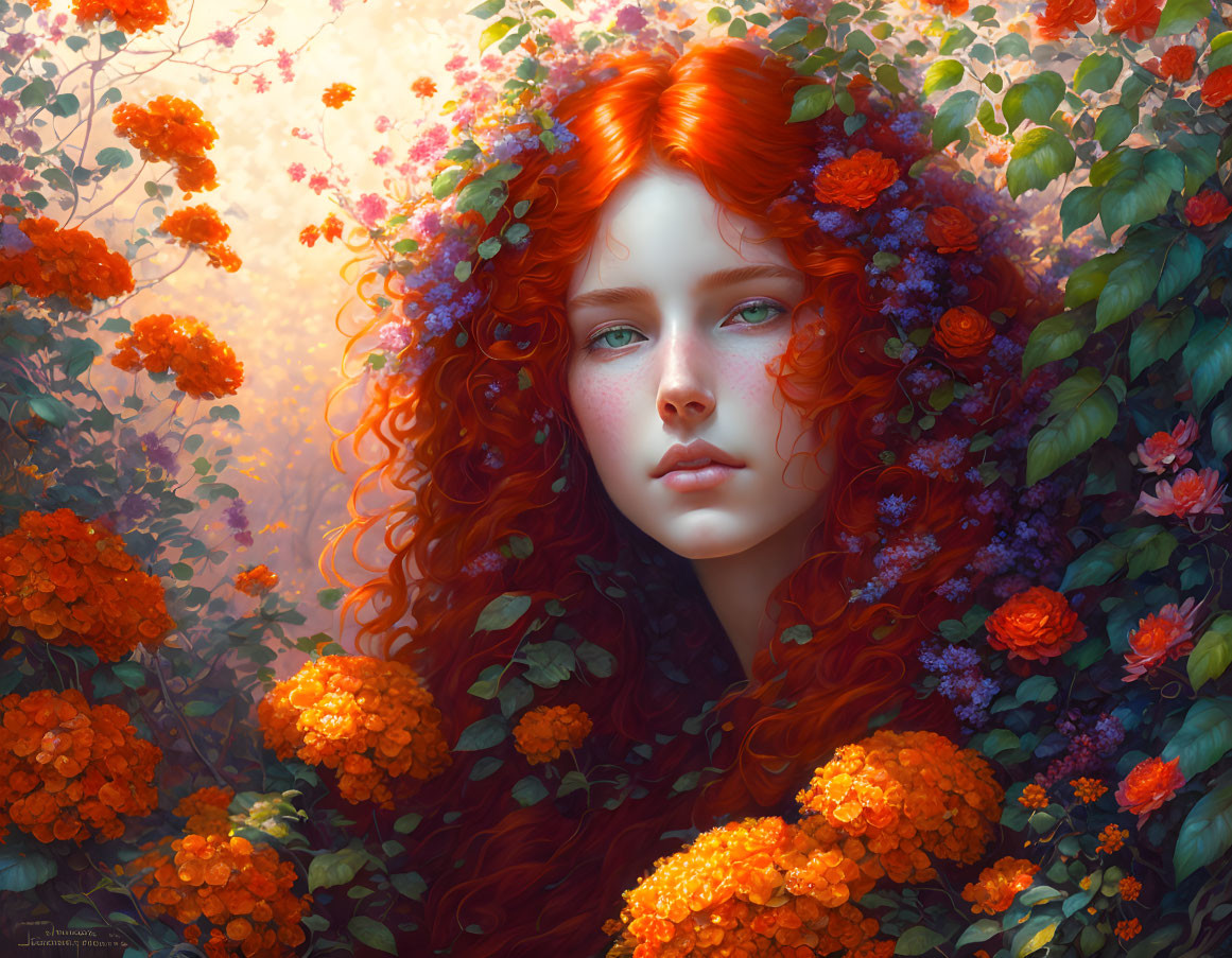 Vibrant red-haired woman in digital art with green eyes amidst orange flowers