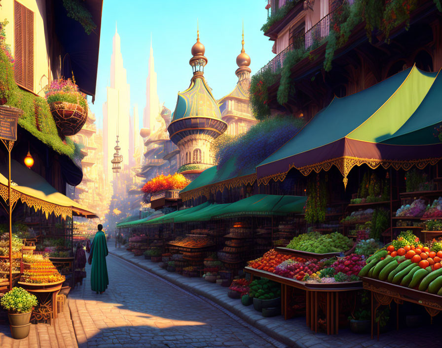 Colorful fruits and vegetable stalls in a vibrant market street with domed buildings and spires