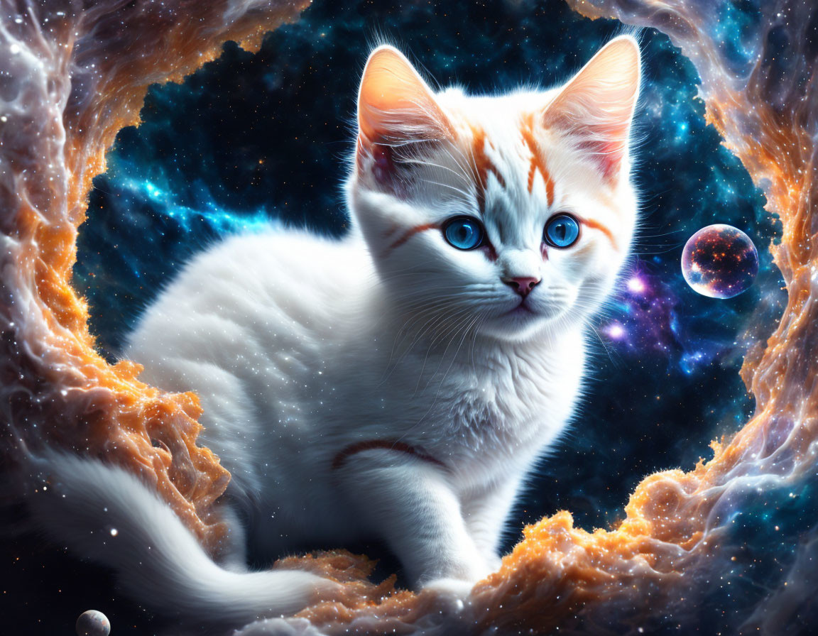 White kitten with orange markings and blue eyes in cosmic backdrop