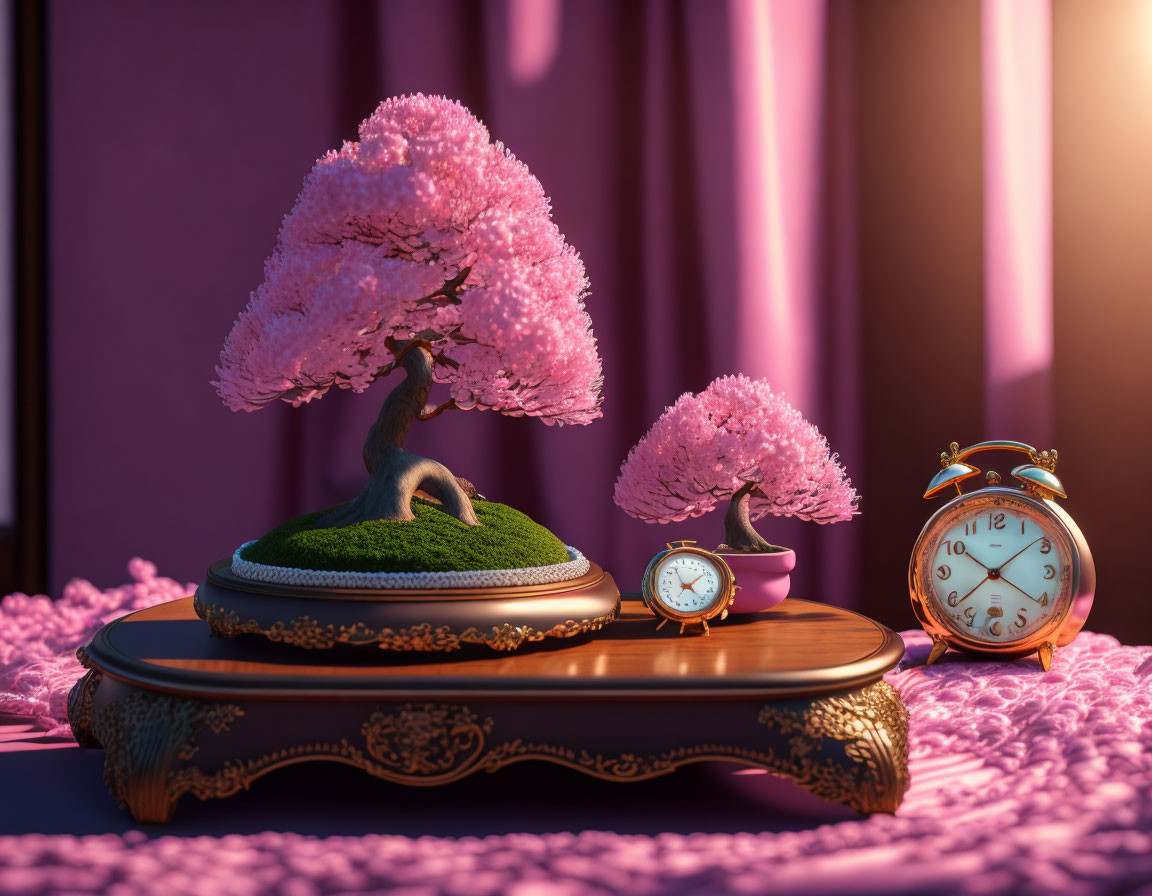 Ornate tables with bonsai tree, clocks, and purple curtain display