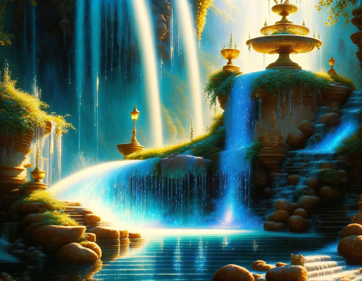 Fantastical scene: Glowing blue waterfalls, golden structures, lush greenery