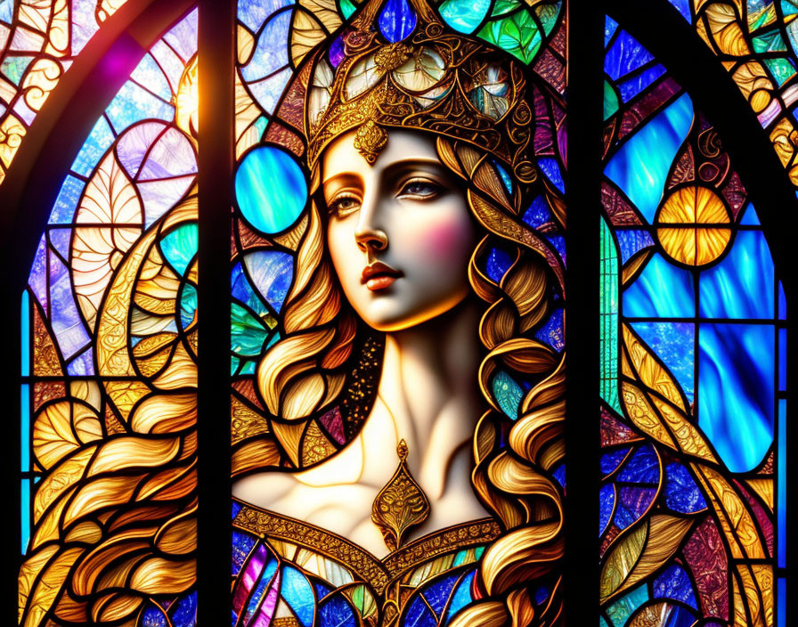 Regal woman with golden crown in vibrant stained glass