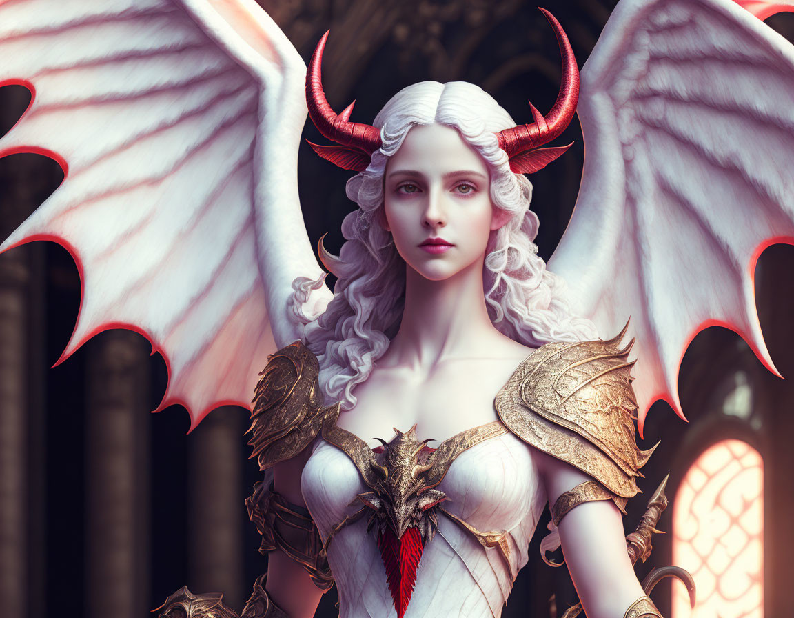 Illustrated female figure with white hair, red horns, feathered wings, and golden armor in cathedral