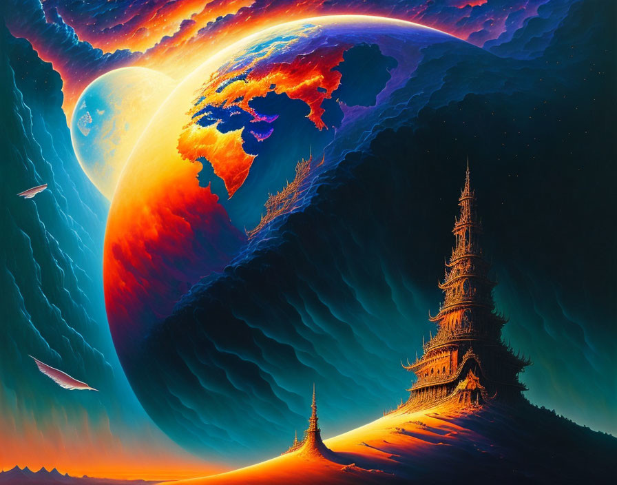 Sci-fi landscape: towering pagoda on barren surface with fiery planet, cosmic aurora, and soaring