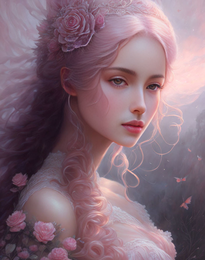 Portrait of Woman with Pastel Pink Hair and Flowers in Dreamy Setting