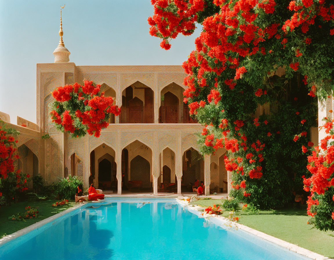 Traditional architecture with arched doorways and vibrant red flowering vines beside a blue pool under clear sky