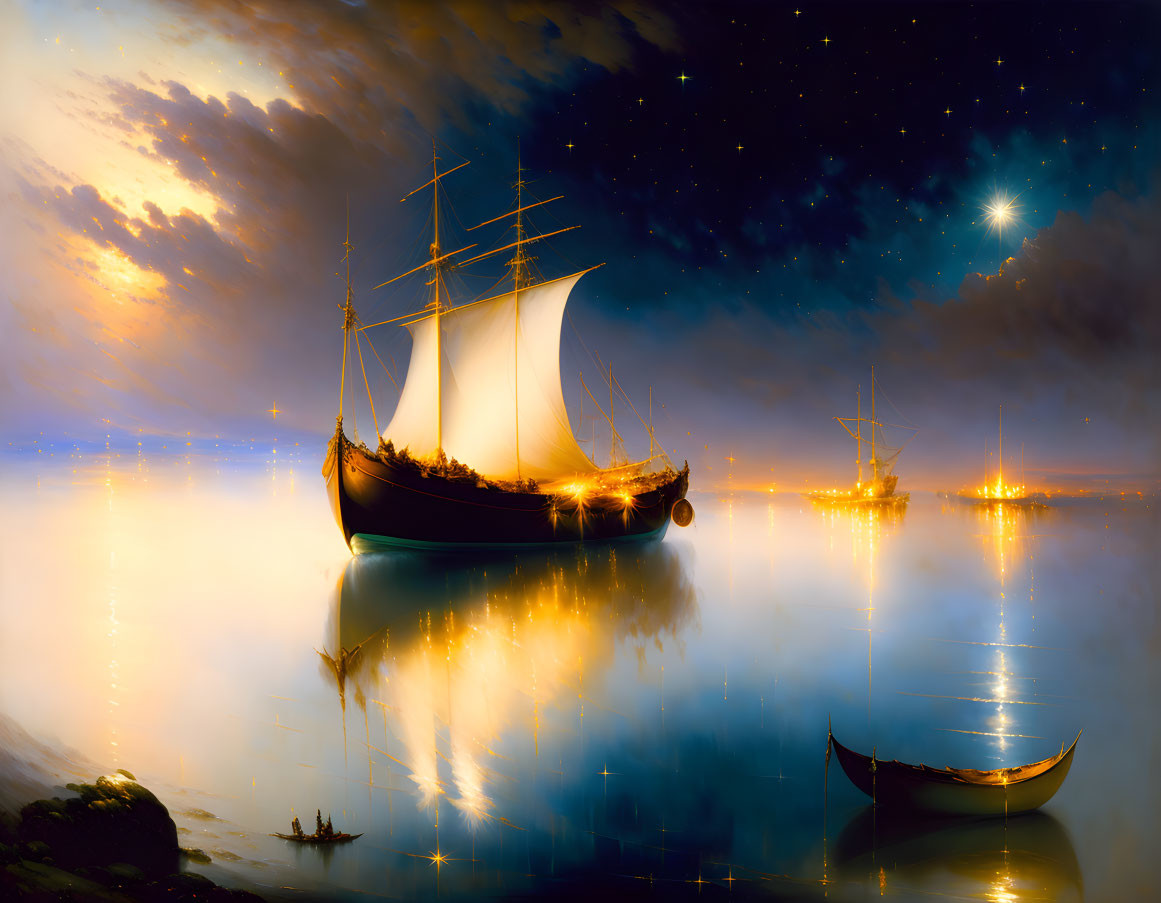 Starry sky over tranquil sea with sailing ships