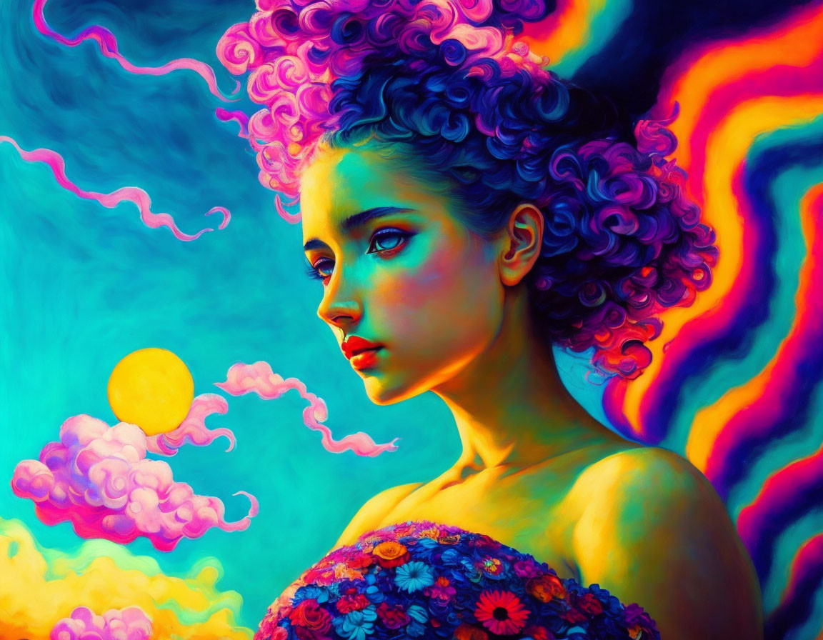 Colorful portrait of young woman with curly hair and psychedelic patterns.