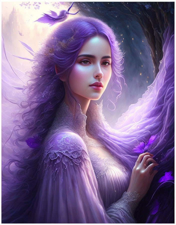 Illustration: Woman with purple hair in mystical forest scene