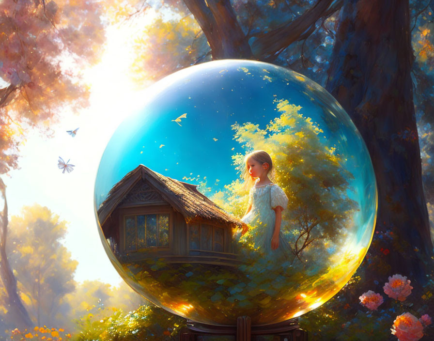 Surreal scene with girl, bubble house, tree, sunlight