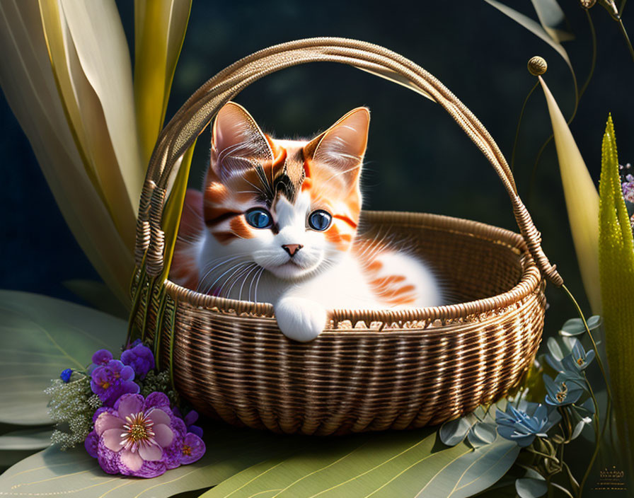 Orange and White Kitten with Blue Eyes in Woven Basket Among Greenery and Purple Flowers