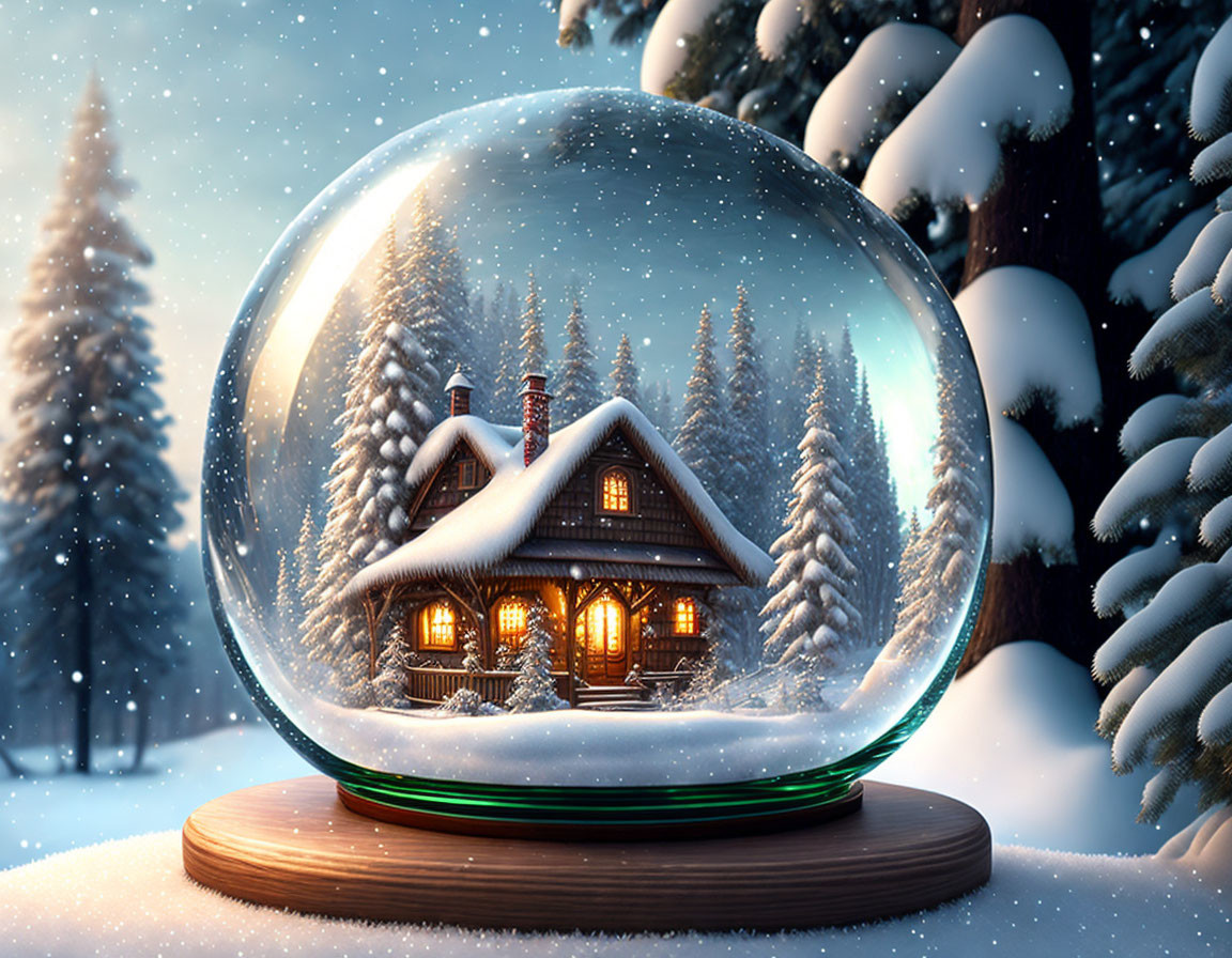 Snow Globe with Cozy Log Cabin, Pine Trees, and Snowfall at Twilight