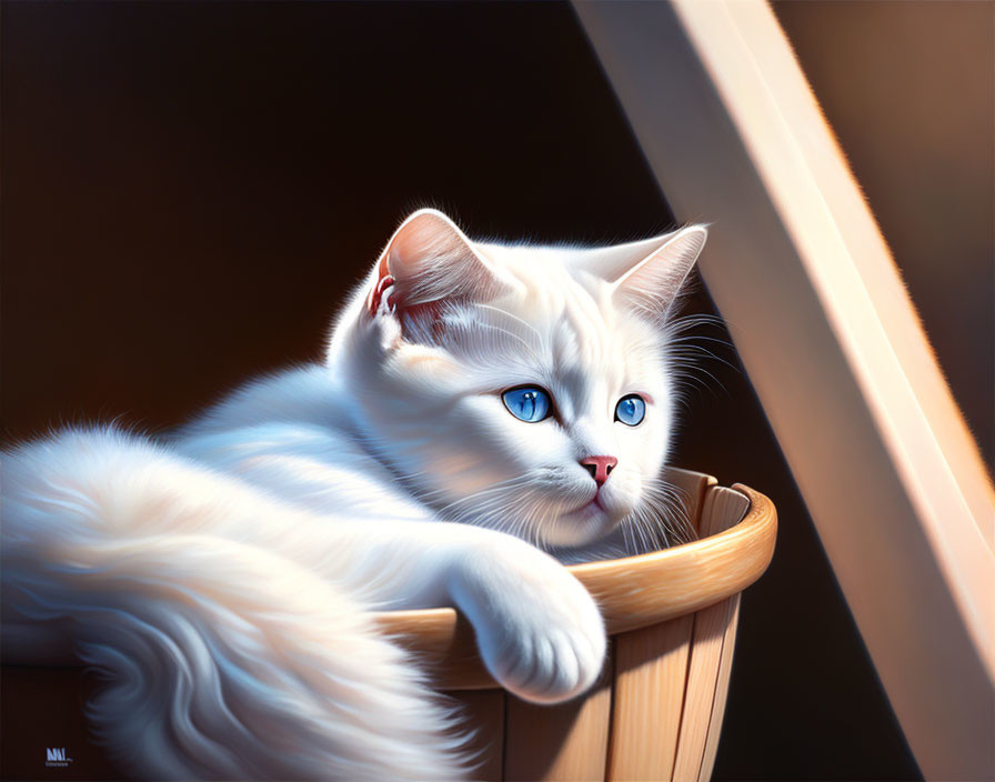 White Fluffy Cat with Blue Eyes in Wooden Basket Under Sunlight