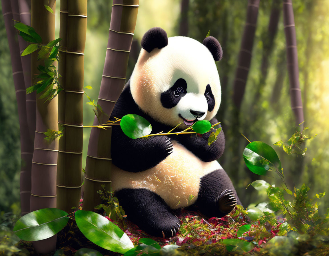 Plush panda toy among bamboo and foliage mimicking real panda.