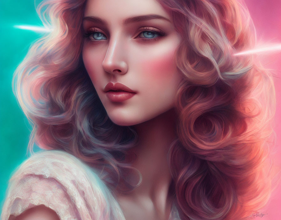 Woman with Wavy Hair and Blue Eyes in Soft Color Palette