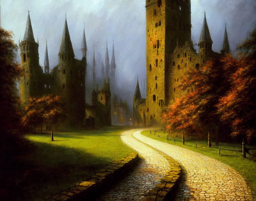 Misty forest setting with enchanted castle and cobblestone path