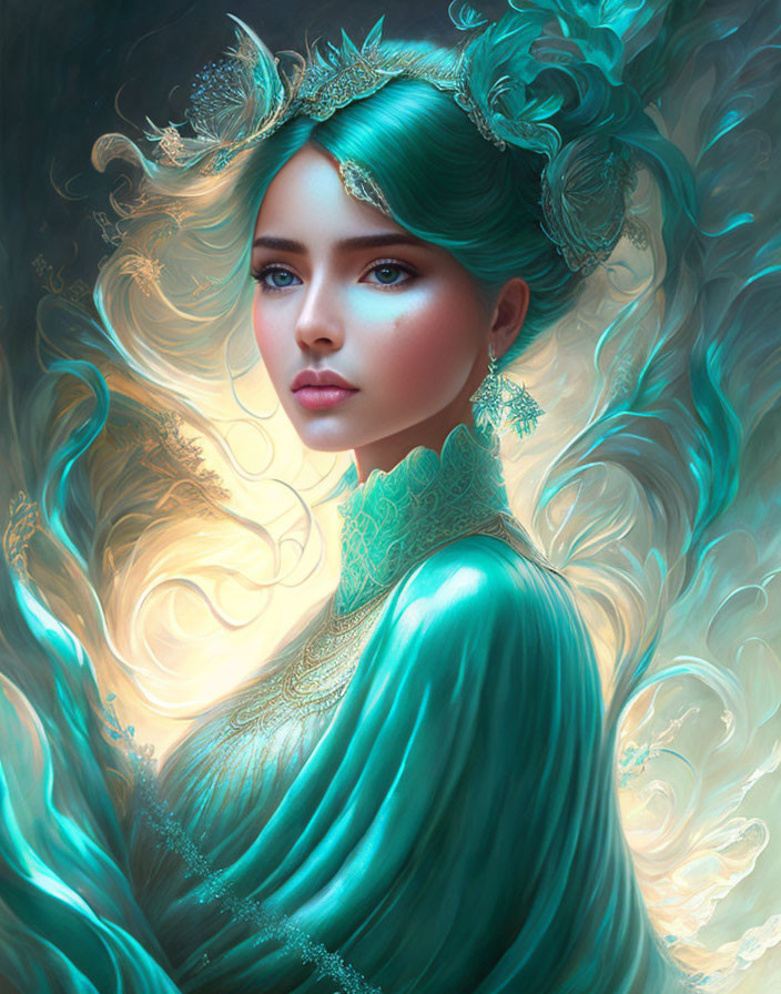 Ethereal digital artwork: woman with turquoise hair and gold attire in luminous setting