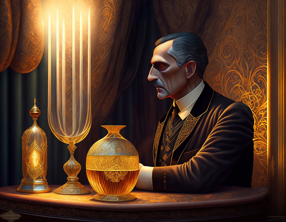 Stylized illustration of a vampire man in a suit with ornate decor