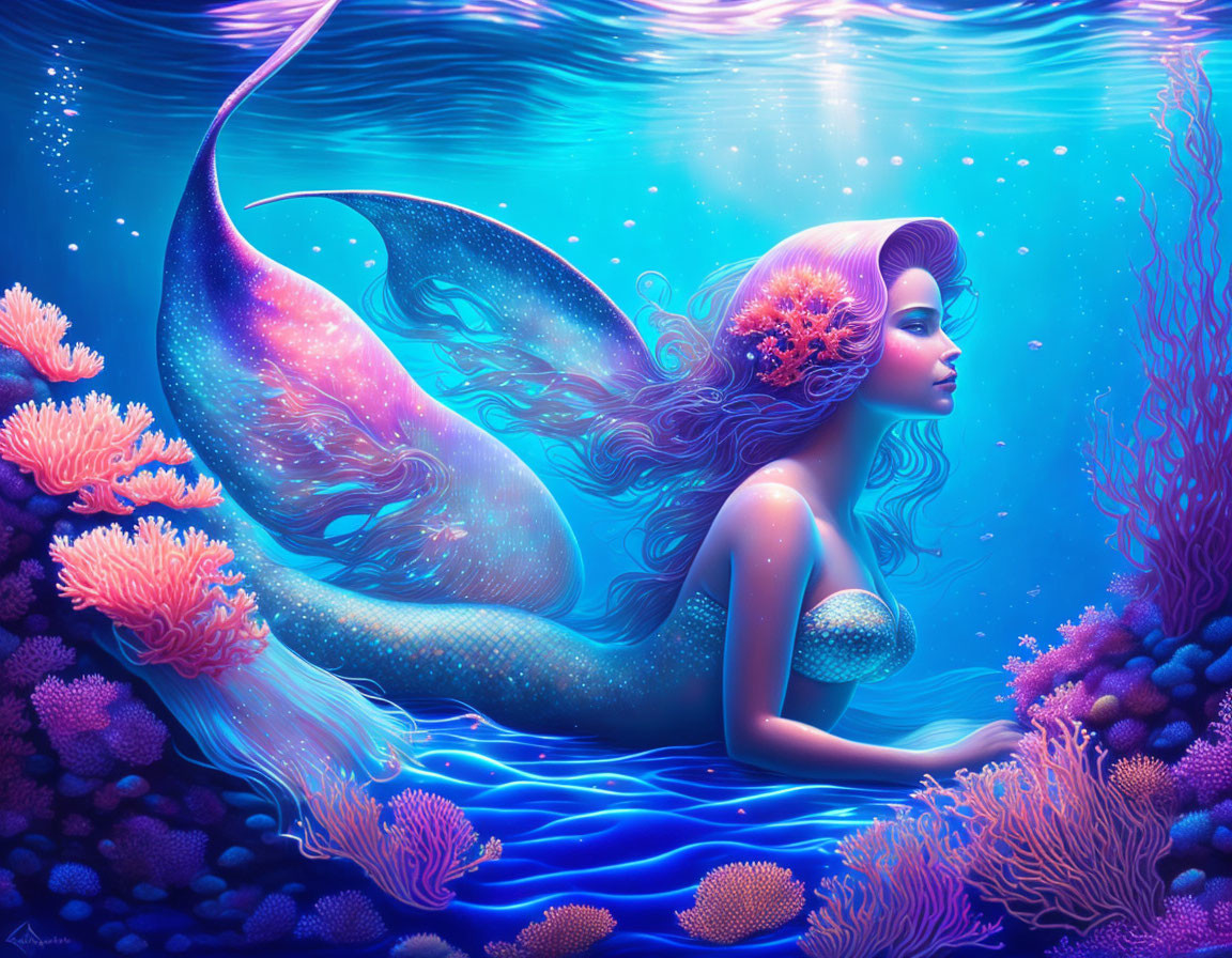 Colorful Mermaid Illustration with Vibrant Underwater Scene