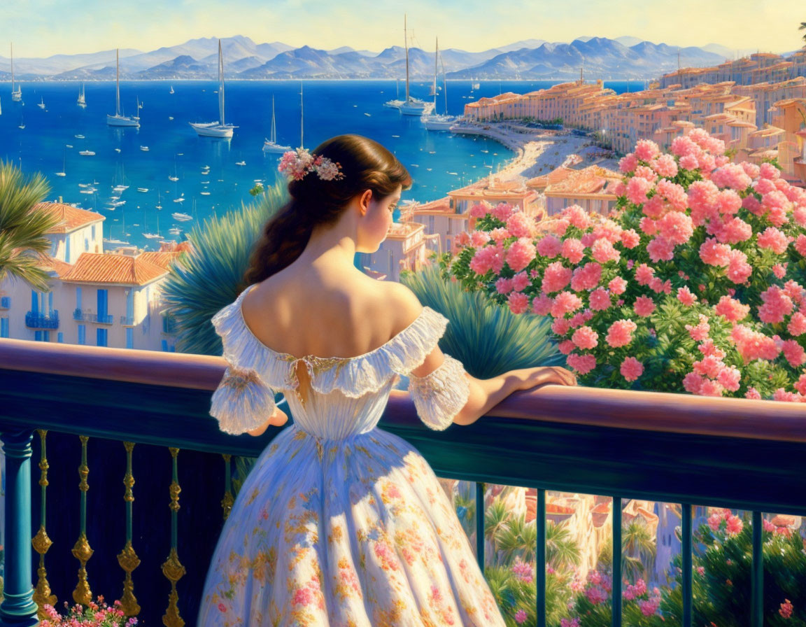 Vintage-dressed woman gazes at Mediterranean coastline from balcony with pink flowers