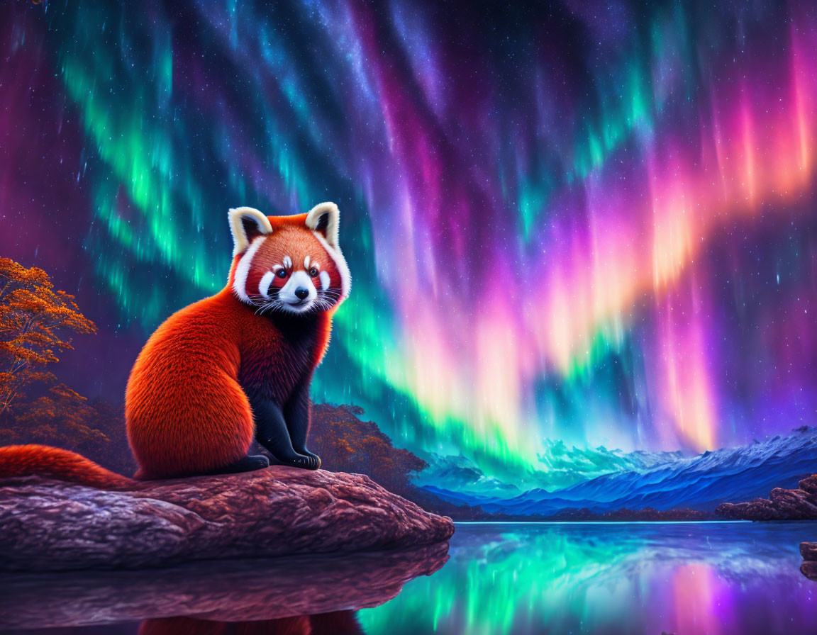 Red Panda on Cliff with Aurora Sky and Autumn Foliage